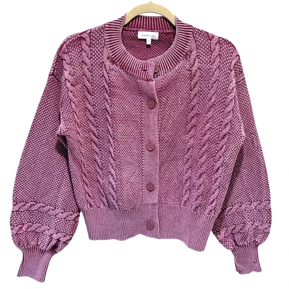 Camellia Cable Knit Cardigan Women Med Mauve Purple Cotton Balloon Sleeve Boho - Picture 2 of 9
